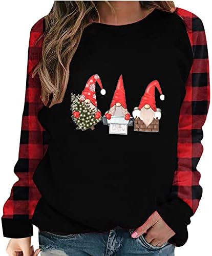 Дамски блузи с кръгло деколте, Мода 2023, Коледни Пуловери с Дълъг Ръкав, Коледни Пуловери в Клетка Бъфало, Блуза с Принтом