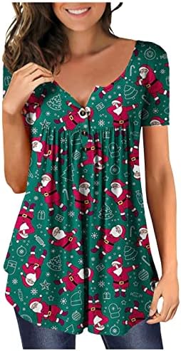 xipcokm/ Коледни Тениски за Жени, Ежедневни Блузи Копчета, Тениска с Къс ръкав и V-образно деколте, Прикрива Корема,