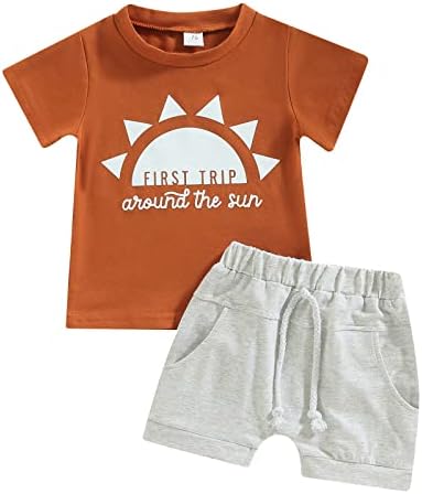 AEEMCEM/ Облекло за Първия Рожден Ден на малките момчета, Тениска с надпис Първото пътешествие около Слънцето, Обикновена