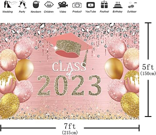 Hilioens 7 × 5 метра Розово Златен Фон за бала 2023 г. Клас 2023 г. Златен балон Поздрави с Пристъпите на Пускането на