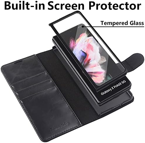 Калъф TIANNIUKE Samsung Galaxy Z Fold 3 с притежателя на S Pen [с вградена защита на екрана], една чанта-портфейл от естествена кожа, поставка за кредитни карти с RFID заключване, Магни?