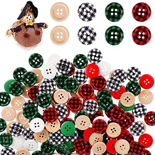 160 Броя Коледни Дървени Копчета, 4 Цвят, Бутони в клетка от Бъфало, Кръгли Декоративни Подарък-Коледни Копчета с 4 дупки