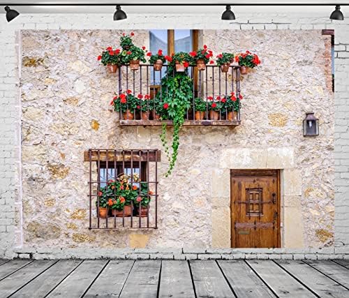 Loccor Плат 15x10 фута Испански Градски Фон за Снимки на Прозорците на Селските къщи с Цветя на Фона на Европейските