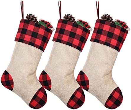 Коледни чорапи CARAKNOTS, Комплект от 3 Коледни чорапи в червено и черна клетка за семейство и деца, Коледни Чорапи,
