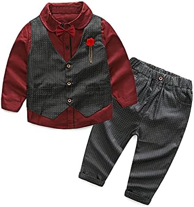 Комплект вечерни костюми Господин за малки момчета, 4 бр., Ризи с дълъг ръкав и папийонка + Панталони + Жилетка, Детски