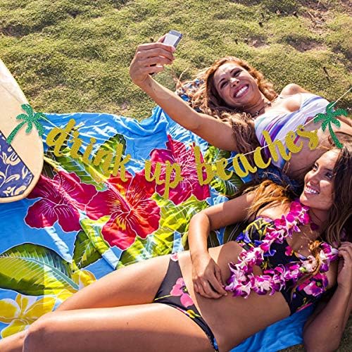 Банер Drink Up Beaches със Златен блясък - Декорации за Плажни партита, Украси За Drink Up Beaches, Декор за Тропически