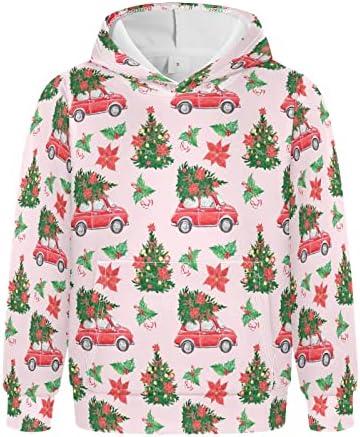 Plaaee Деца, Момчета и Момичета Пуловер Качулки Коледен Автомобил Коледно Дърво Poinsettia Ежедневни Hoody с Качулки