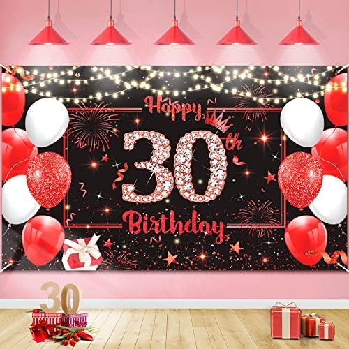 Червен Банер с 30-ти Рожден Ден, Бижута за Жени, Мъже, Голям Червен Черен Лъскав Фон на 30-ия ден от Раждането, Банер за рождения Ден на 30 Години, Снимка-на Фона на Юбилей