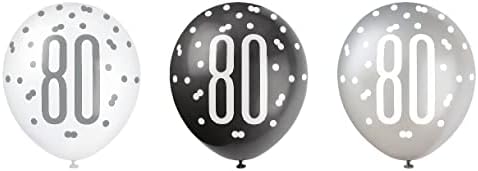 Уникална парти 83390 точки, Латексови балони на 80-ти рожден ден, 12 инча | Асорти | 6 бр, Черни, Възраст 80