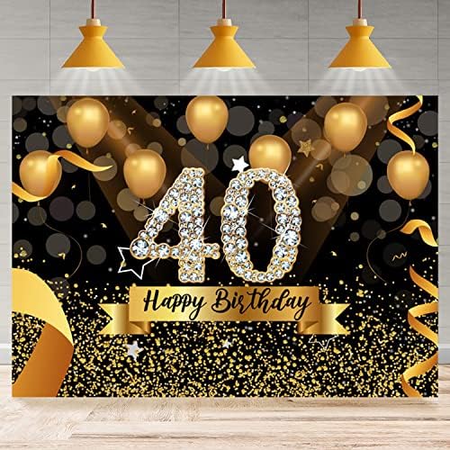 JASREE Винил 7x5ft Щастлив Фон за Снимки на Парти с 40-ти Рожден Ден, Блестящ Черен и Златен Фон с Балони за Жени, Страхотна Украса за парти за Рожден Ден 40, Блестящ Диамант,