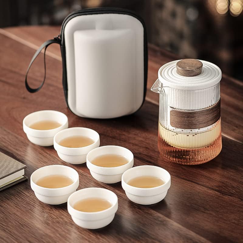 Бял Порцеланов Пътен Чай, Стъклена Кана С 6 Чаши с Футляром за Съхранение, Китайски Чай Кунг-фу за Пътуване на Открито,