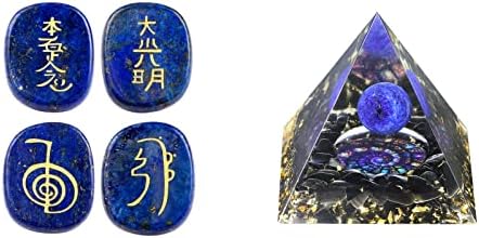 Комплект mookaitedecor - 2 броя: 4 предмета, Камъни от Лазурит с Гравирани Символи на Чакрите, Палмови Камъни и Кристални
