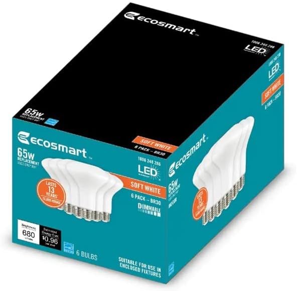 Led лампа EcoSmart с мощност 65 W, еквивалентна BR30, с регулируема яркост, Energy Star, бледо бяла (12 броя в опаковка)