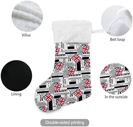 Коледни Чорапи, Ретро Великобритания Британски Флаг Вестник Бял Плюшен Маншет От Мерсеризованного Кадифе Семеен Празник