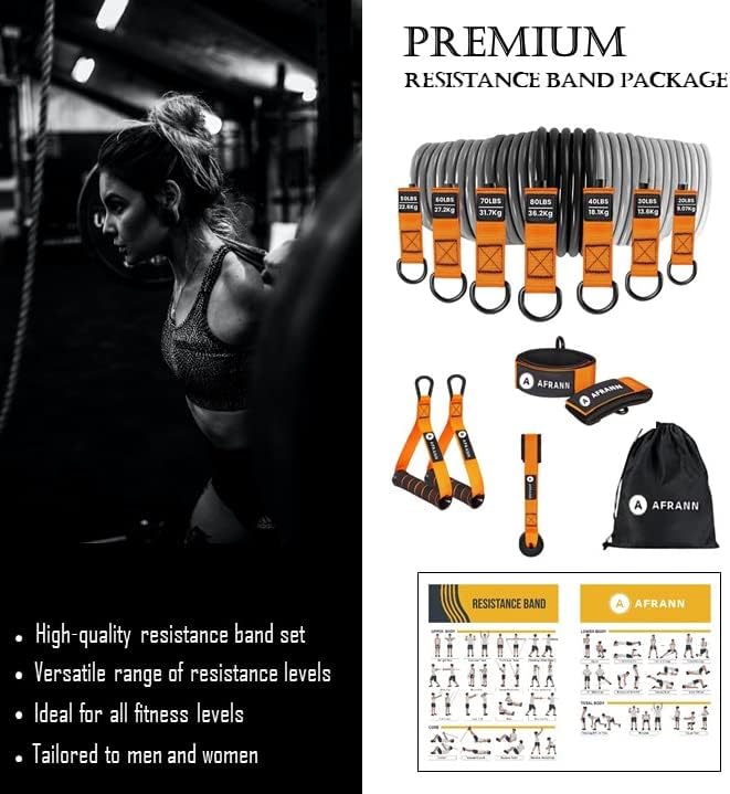 Набор от эспандеров AFRANN Premium, Heavy за фитнес тегло 350 паунда с дръжки, вратата на стена, джапанки на глезените, бандажами за тренировка на мускулите, физиотерапия, сила