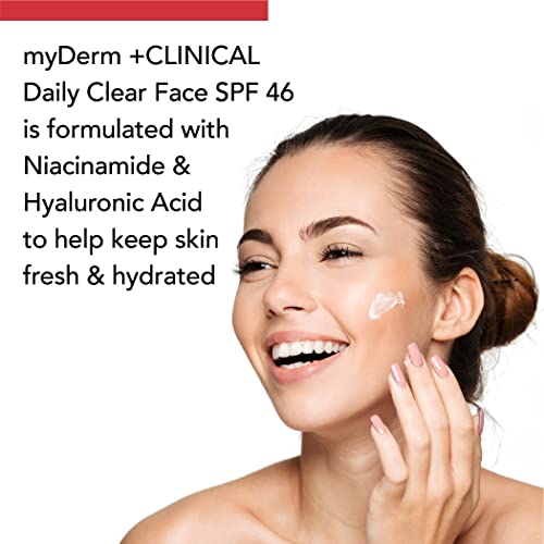 Минерален слънцезащитен крем myDerm + CLINICAL Daily Clear Face SPF 46 - 1,07 грама - Съдържа цинков оксид и ниацинамид,