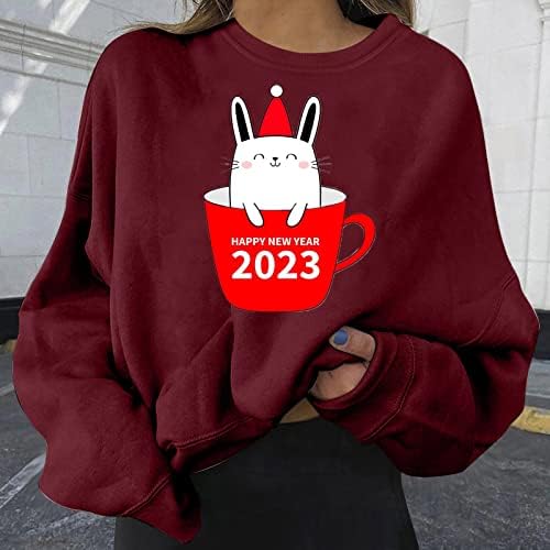 Oplxuo Китайската Нова Година на Заека 2023 Hoody за Жени Мода с Дълъг Ръкав Сладък Графичен Празничен Пуловер Потници