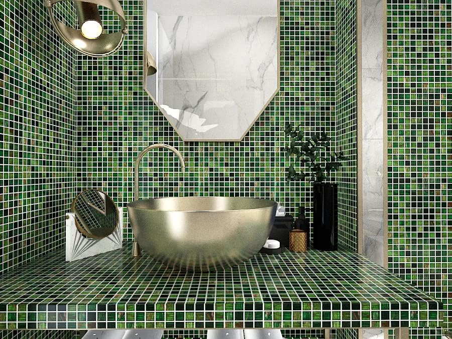 Мозайка плочки от смесового стъкло LSDECO 1 x1 зелен цвят за гърба на Кухнята, Плочки за басейни, стени, баня (Зелена,