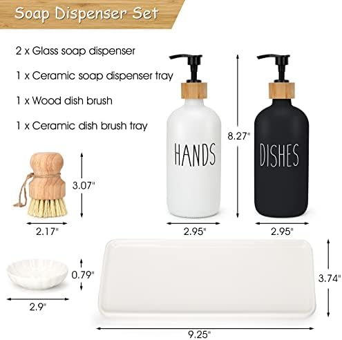 Комплект Стъклени Дозаторов за миене на съдове за Кухненска Мивка с Керамично Тава Дървена Четка За Миене на Съдове Помпа