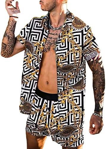 Мъжки Хавайски Комплекти с Къс ръкав и Луксозен Принтом, Ежедневното Обличам копчета, Риза, Топ и къси Панталони