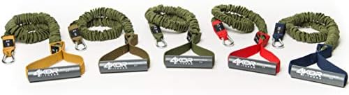 Комплект кабел съпротива от 4KOR Fitness със защитни найлонови ръкави, дръжки, скрепителни елементи и чанта за носене.