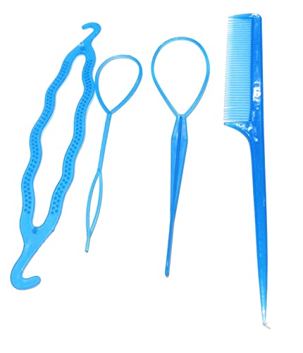 Комплект от 4 Инструменти за оформяне на косата, 2 Машинки за вълна от опашки наопаки и Гребен за оформяне на косата Сърдит опашката на раздяла (синьо)