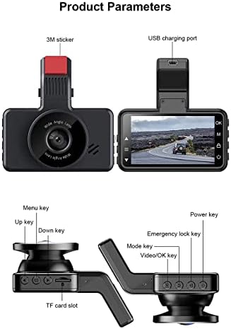 Видеорекордер Отпред и отзад, 3-Инчов Автомобилна камера с нощно виждане, Широкоъгълен ъгъл 150 °, IPS Екран, 1080p Fhd,